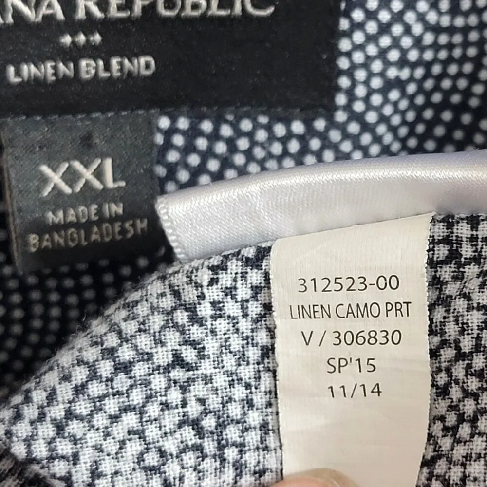 Banana Republic Shirt Mens XXL Blue Polka Dot Camo Print Linen Blend Long Sleeve
